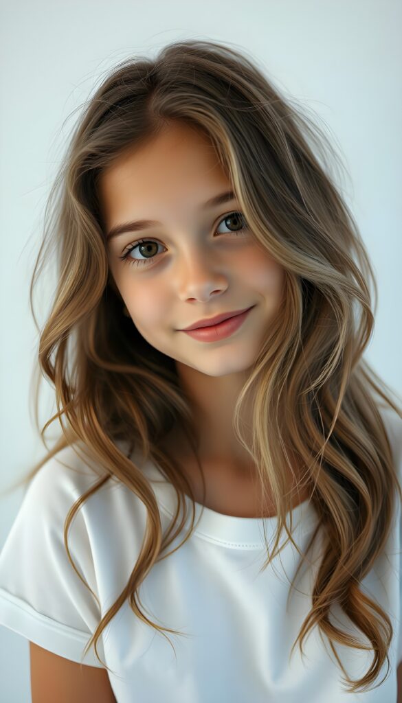 super realistic, detailed portrait, a beautiful young girl with long brown wavy hair and white highlights looks sweetly into the camera. She wears a white t-shirt. White plain simple backdrop.