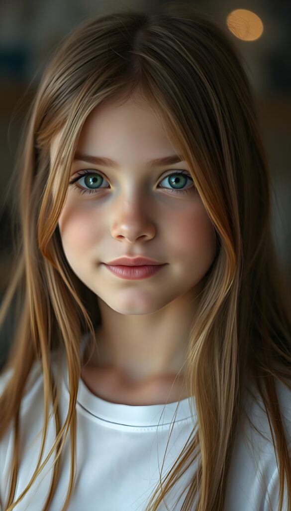 super realistic, detailed portrait, a beautiful young girl with long amber hair looks sweetly into the camera. She has beautiful light green eyes, full lips. She wears a white t-shirt.