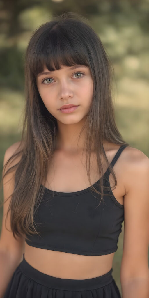super realistic and detailed photo, a beautiful young teen girl, with (long, straight, jet soft untucked hair, bangs), (full body view), with a slightly turned head), she wears an (thigh-length) short cropped tank top (that perfectly complements her youthful figure) paired with a round short black mini skirt, the lighting is soft and warm, highlighting her natural beauty and the intricate details of her dress, all against a sunny backdrop in nature, ((the camera is slightly sideways at half height))