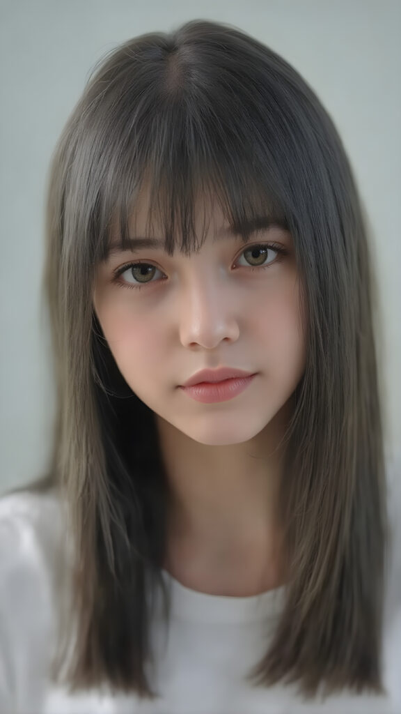 super realistic, detailed portrait, a beautiful young teen girl with long soft straight black hair bangs, round face, looks sweetly into the camera, she wears a short white t-shirt