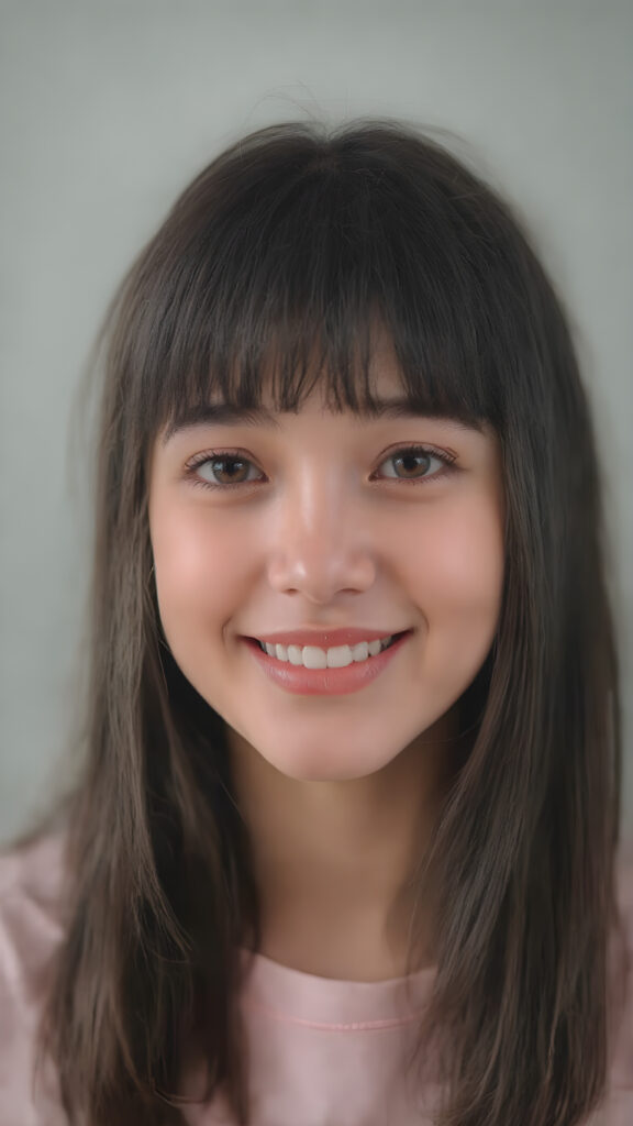 super realistic, 4k, detailed and round face, cute teen girl, ((super realistic and detailed straight black hair like steel)), styled bangs and bob, looks at the camera, (centered portrait shot), smile very happy, she has detailed amber eyes and eyeliner, perfect body, full red lips, perfect skin, warm smile open mouth and white teeth, all against a grey backdrop, the girl wears a short, thin light pink t-shirt, perfect fit female body
