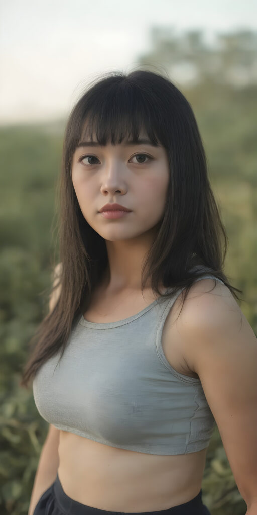 super realistic and detailed photo, a beautiful girl, with (straight, jet soft hair, bangs), (full body view, with a slightly turned head, looking up into the camera), she wears an (thigh-length) short cropped light grey sport tank top (that perfectly complements her youthful curved figure) paired with a round short black mini skirt, show her legs, the lighting is soft and warm, highlighting her natural beauty and the intricate details of her dress, all against a sunny backdrop in nature, ((the camera is slightly sideways at half height))
