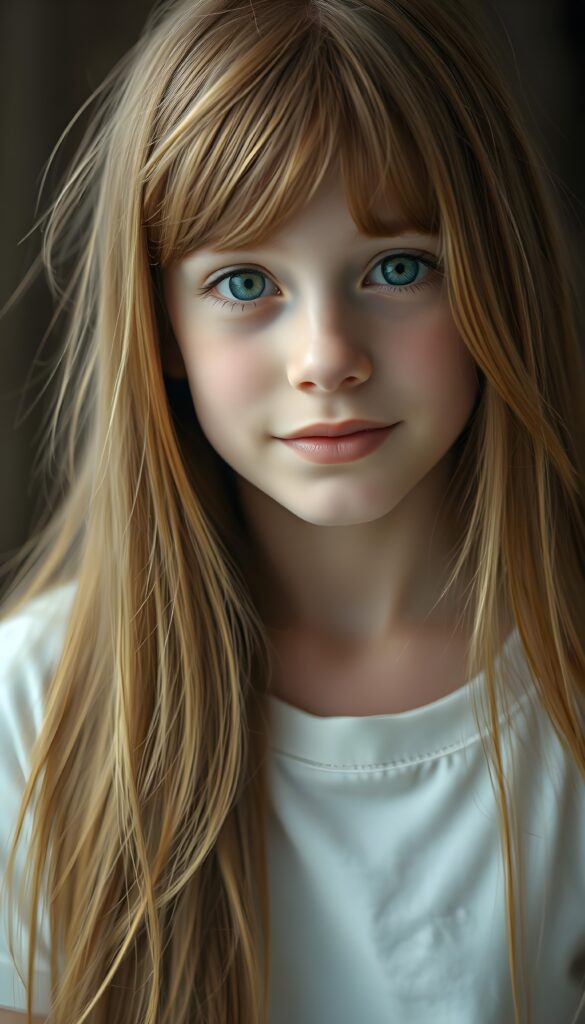 super realistic, detailed portrait, a beautiful young girl with long amber hair looks sweetly into the camera. She has beautiful light green eyes, full lips. She wears a white t-shirt.