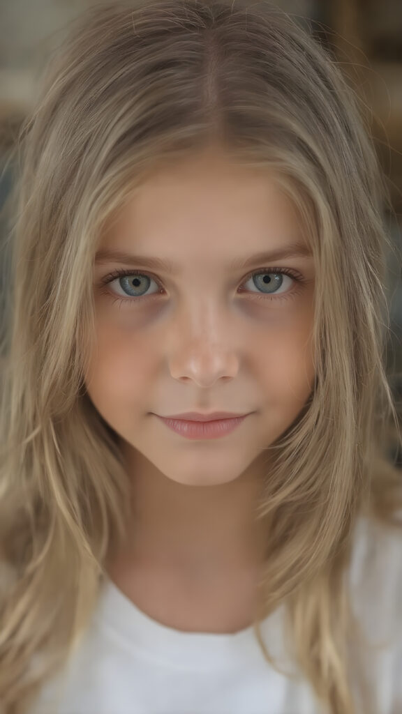super realistic, detailed portrait, a beautiful young girl with long hair looks sweetly into the camera. She wears a white t-shirt