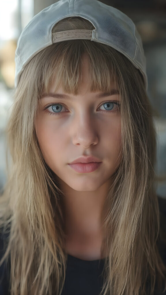 super realistic and detailed portrait from the most beautiful tomboy in the world, with soft straight hair like a wave, the hair frame her round face, bangs, cute, gorgeous, stunning, perfect symmetric, 4k, cinematic lights, she wears a baseball cap