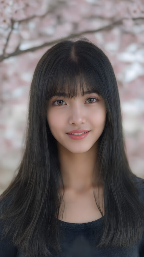 super realistic, 4k, detailed face, cute Asian teen girl, long straight black hair, Korean styled bangs, looks at the camera, portrait shot, smile very happy, there are cherry blossom trees in the background, she has amber eyes, perfect body