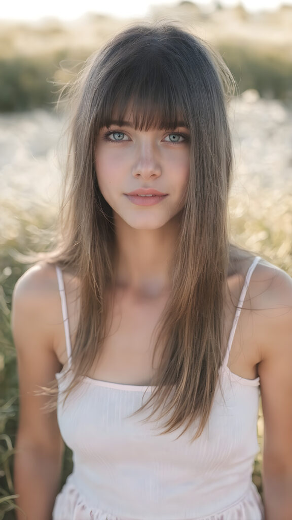 super realistic and detailed photo, a beautiful young teen girl, with (long, straight, jet soft hair, bangs), (full body view, with a slightly turned head, looking up into the camera), she wears an (thigh-length) short cropped tank top (that perfectly complements her youthful figure), the lighting is soft and warm, highlighting her natural beauty and the intricate details of her dress, all against a sunny backdrop in nature