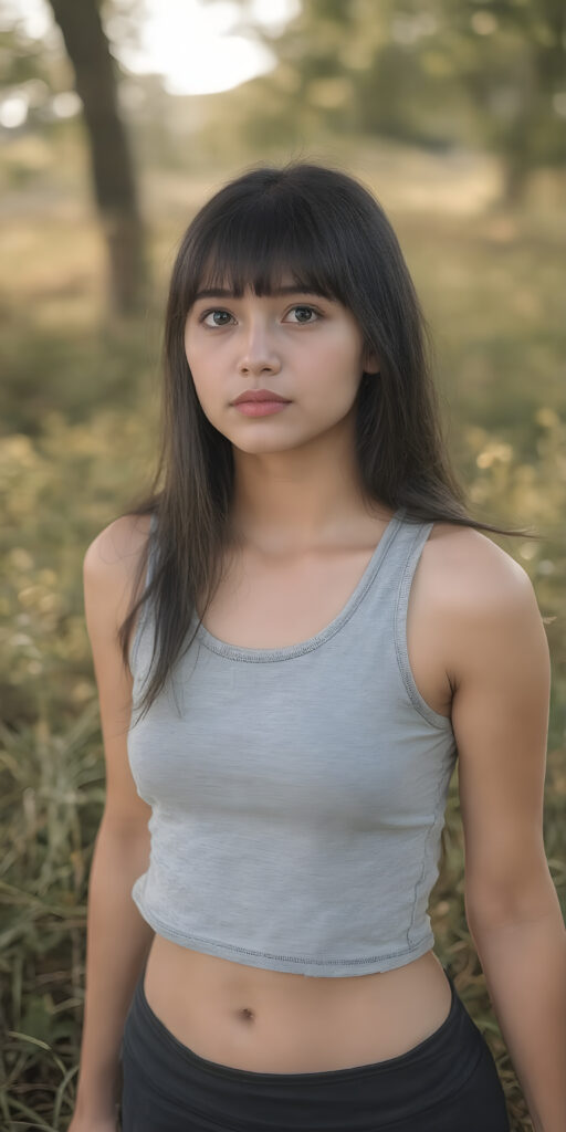 super realistic and detailed photo, a beautiful girl, with (straight, jet soft hair, bangs), (full body view, with a slightly turned head, looking up into the camera), she wears an (thigh-length) short cropped light grey sport tank top (that perfectly complements her youthful curved figure) paired with a round short black mini skirt, show her legs, the lighting is soft and warm, highlighting her natural beauty and the intricate details of her dress, all against a sunny backdrop in nature, ((the camera is slightly sideways at half height))