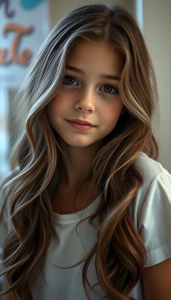 super realistic, detailed portrait, a beautiful young girl with long brown wavy hair and white highlights looks sweetly into the camera. She wears a white t-shirt