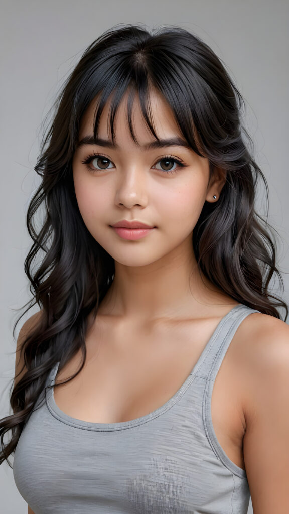 super realistic, 4k, detailed face, perfect curved body, cute Exotic teen girl, long black wavy soft hair, bangs cut, wear a grey crop tank top, looks at the camera, portrait shot