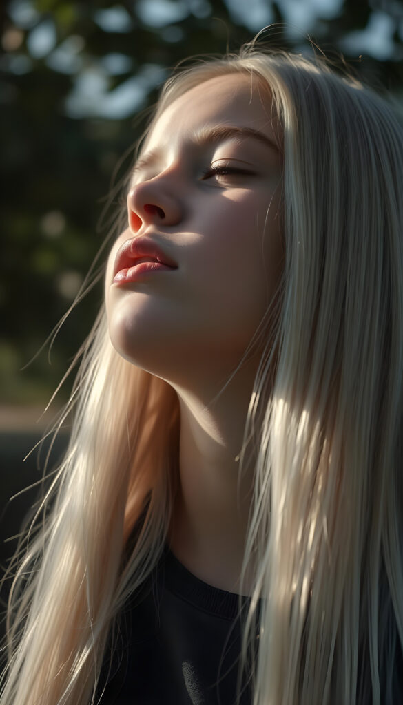 super realistic photo show a young girl, looks up, closed eyes, long straight white hair falls down to her back, the sun kiss her round face, open mouth, enjoy her life