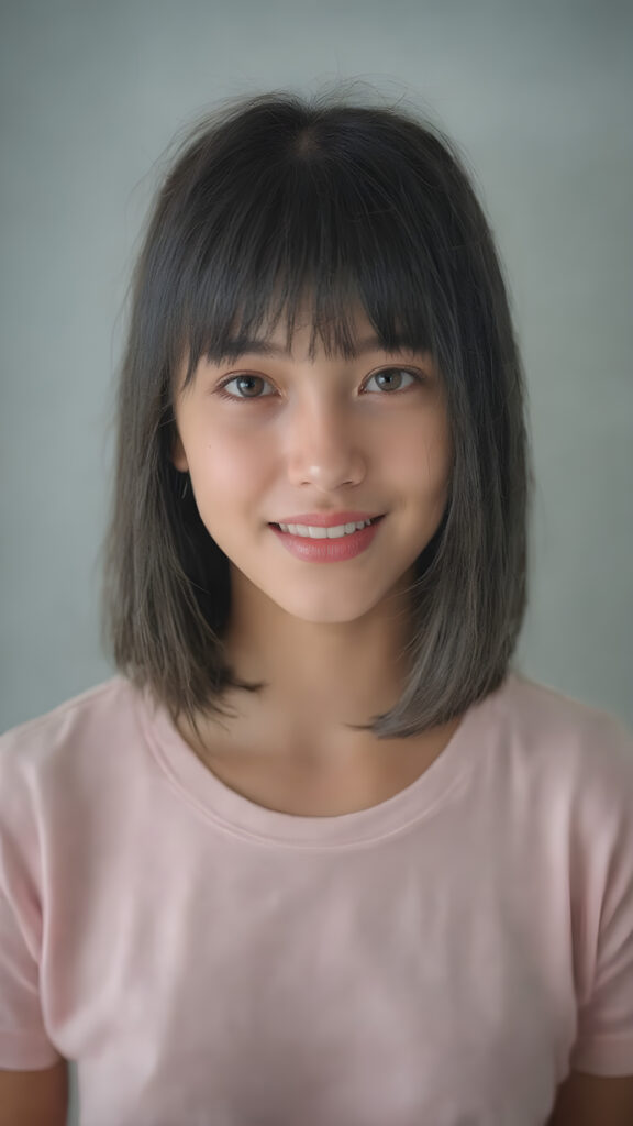 super realistic, 4k, detailed and round face, cute teen girl, ((super realistic and detailed straight black hair like steel)), styled bangs and bob, looks at the camera, (centered portrait shot), smile very happy, she has detailed amber eyes and eyeliner, perfect body, full red lips, perfect skin, warm smile open mouth and white teeth, all against a grey backdrop, the girl wears a short, thin light pink t-shirt, perfect fit female body