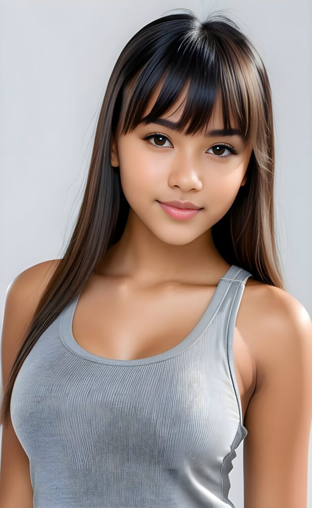 super realistic, 4k, detailed face, perfect curved body, cute Exotic teen girl, long straight hair, bangs cut, wears only a grey short tank top, looks at the camera, portrait shot