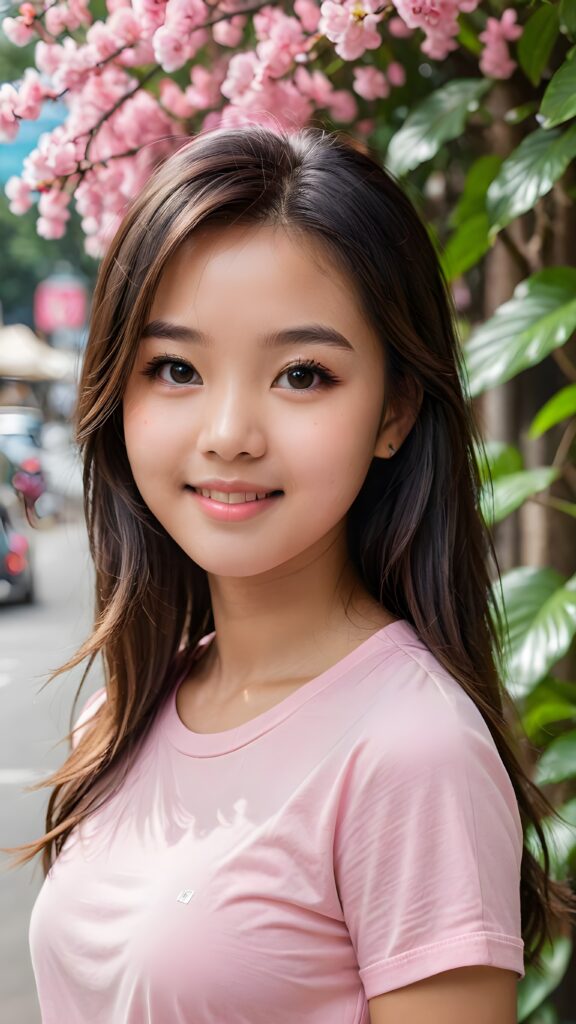 a stunning portrait (((ultra realistic professional photograph))) ((cute)) ((gorgeous)) excellently capturing an amiable, young Taiwanese teen girl, straight jet long hair, round face, full lips, smile, side view, ((pink no printed t-shirt))