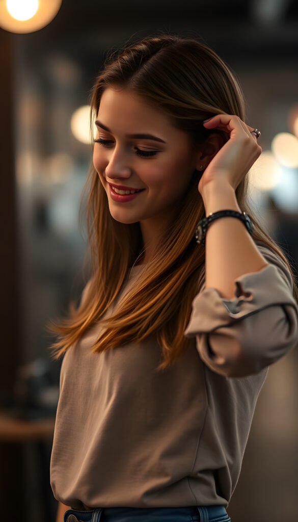 tall smiling teen girl exuding strength and femininity looking down with her left hand on her hip and her right hand in her hair wearing rolled up sleeves