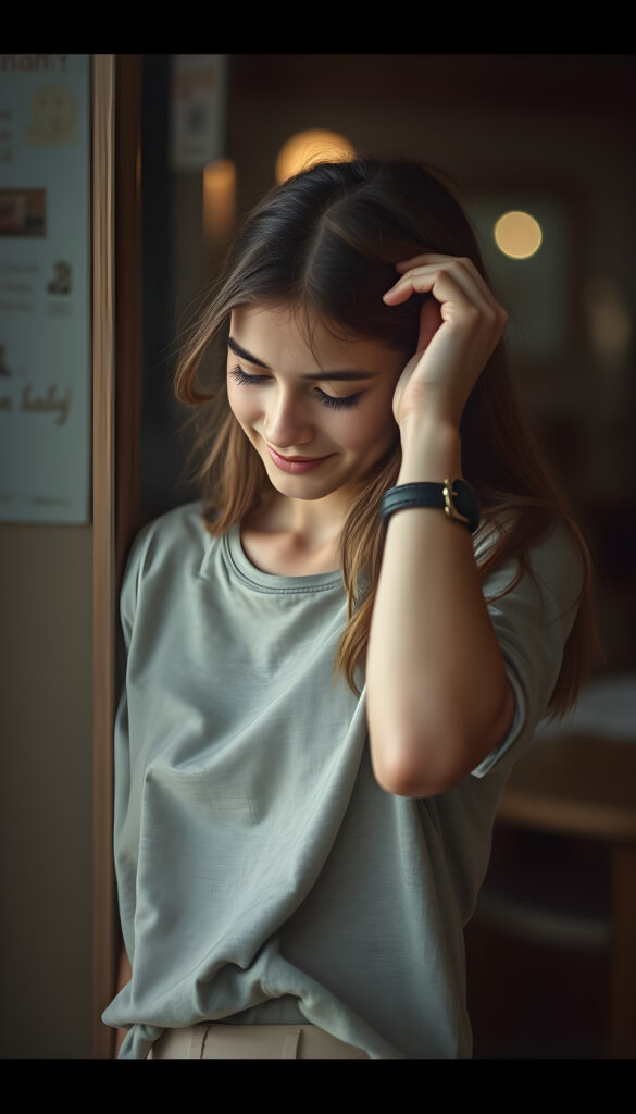 tall smiling teen girl exuding strength and femininity looking down with her left hand on her hip and her right hand in her hair wearing rolled up sleeves