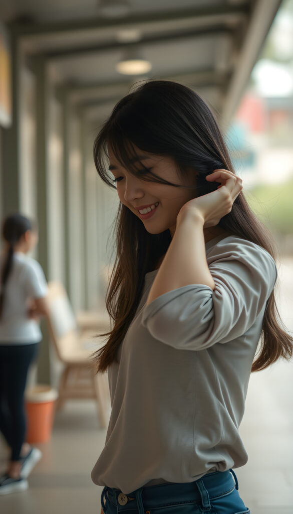 tall smiling teen girl exuding strength and femininity looking down with her left hand on her hip and her right hand in her hair wearing rolled up sleeves