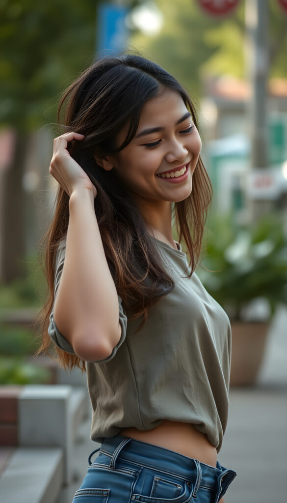 tall smiling teen girl exuding strength and femininity looking down with her left hand on her hip and her right hand in her hair wearing rolled up sleeves