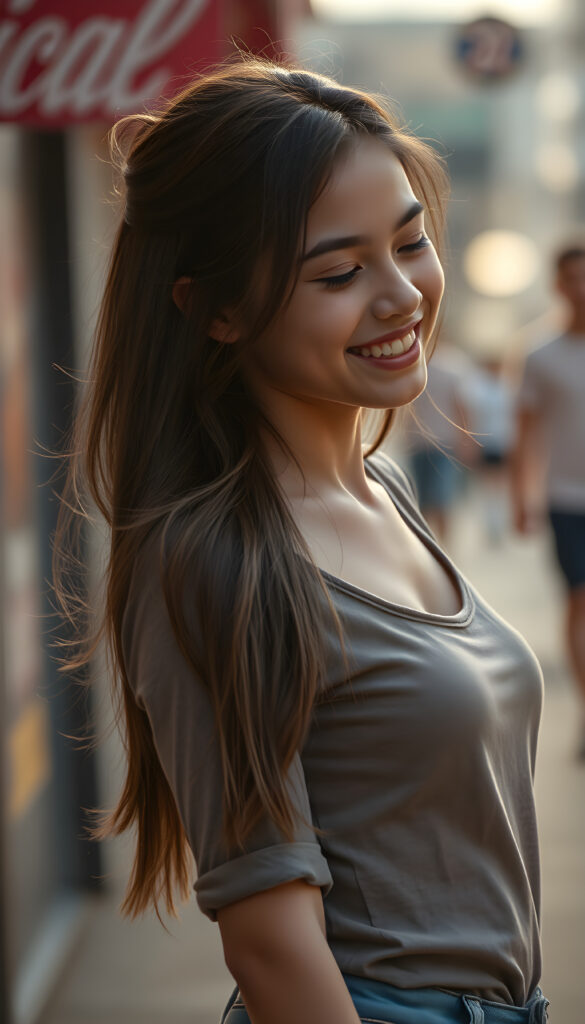 tall smiling teen girl exuding strength and femininity looking down with her left hand on her hip and her right hand in her hair wearing rolled up sleeves