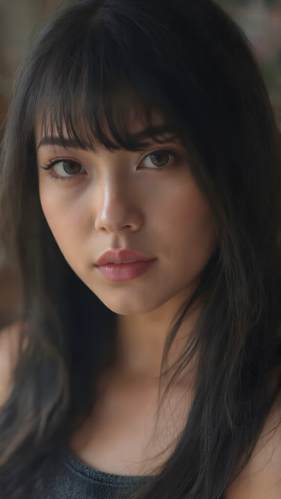 the face of a girl with a beautiful pout, long black hair frame her round face, realistic and detailed, she wears a lifted cropped tank top, stunning female body, side view