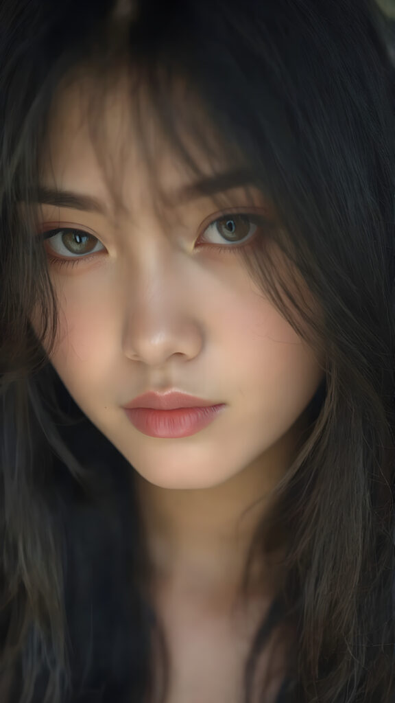 the face of a girl with a beautiful pout, long black hair frame her round face, realistic and detailed, she wears a lifted cropped tank top, stunning female body, side view