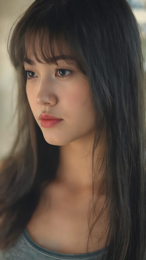 the face of a girl with a beautiful pout, long black hair frame her round face, realistic and detailed, she wears a lifted cropped tank top, stunning female body, side view