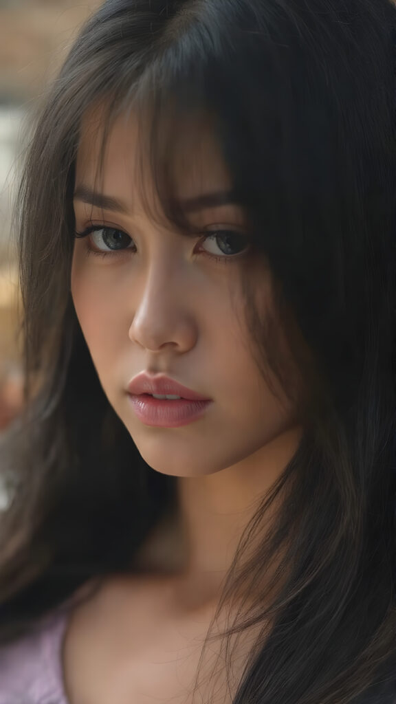 the face of a girl with a beautiful pout, long black hair frame her round face, realistic and detailed, she wears a lifted cropped tank top, stunning female body, side view