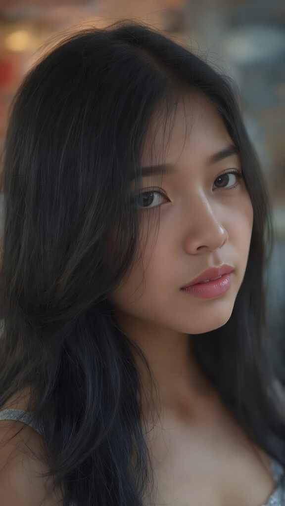 the face of a girl with a beautiful pout, long black hair frame her round face, realistic and detailed, she wears a lifted cropped tank top, stunning female body, side view