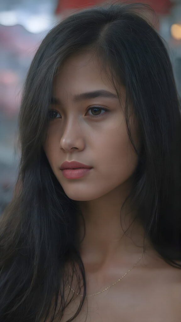 the face of a girl with a beautiful pout, long black hair frame her round face, realistic and detailed, she wears a lifted cropped tank top, stunning female body, side view