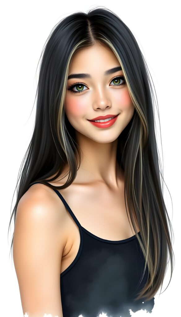 the most beautiful girl with delicate facial features, charming smile, and brightly colored eyes that sparkle like jewels. Her long, black straight hair with blond highlights cascades gracefully down her shoulders in the same length left and right, framing her face in a softly framed portrait. She’s dressed in a stylish, contemporary tank top that showcases her full body elegantly. She is smiling beautifully for you. All against a light grey backdrop in a photo studio.