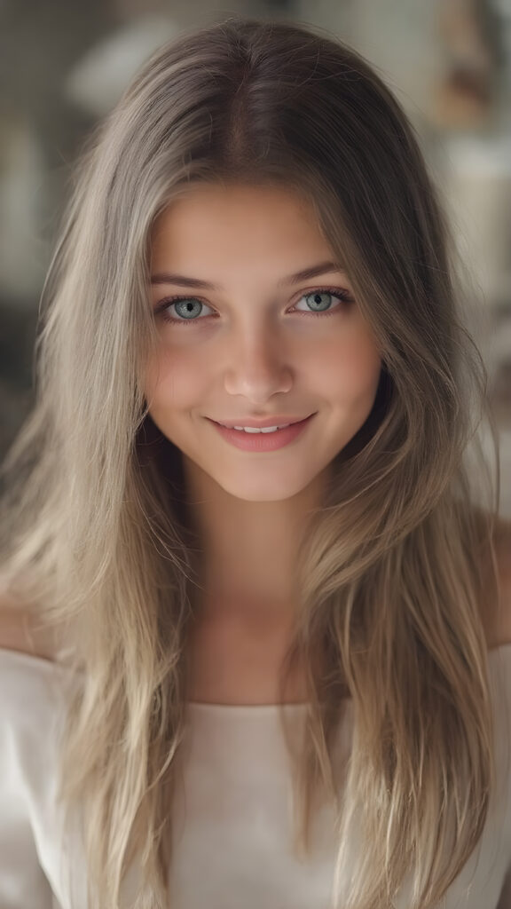 the most beautiful girl with delicate facial features, charming smile, and brightly colored eyes that sparkle like jewels. Her long, flowing hair cascades gracefully down her back, framing her face in a softly framed portrait. She's dressed in a stylish, contemporary outfit that showcases her full body elegantly. The scene is simple yet enchanting, with a focus on achieving a high level of detail and clarity. She is smiling beautifully for you.
