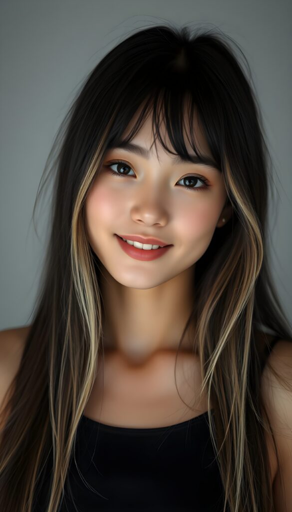 the most beautiful girl with delicate facial features, charming smile, and brightly colored eyes that sparkle like jewels. Her long, black straight hair with blond highlights cascades gracefully down her back, framing her face in a softly framed portrait. She’s dressed in a stylish, contemporary tank top that showcases her full body elegantly. She is smiling beautifully for you. All against a light grey backdrop in a photo studio.