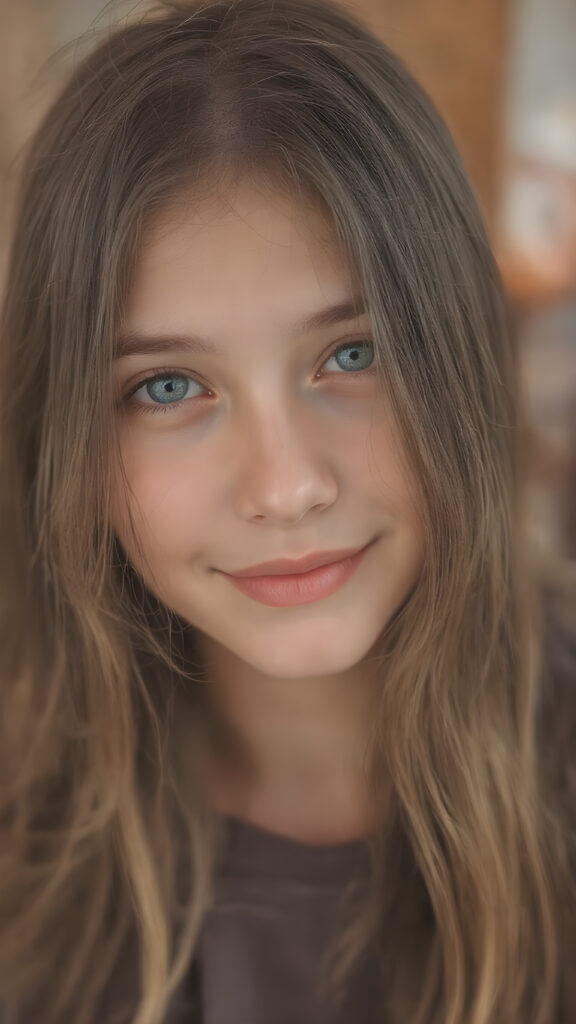 the most beautiful girl with delicate facial features, charming smile, and brightly colored eyes that sparkle like jewels. Her long, flowing hair cascades gracefully down her back, framing her face in a softly framed portrait. She's dressed in a stylish, contemporary outfit that showcases her full body elegantly. The scene is simple yet enchanting, with a focus on achieving a high level of detail and clarity. She is smiling beautifully for you.