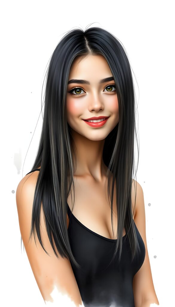 the most beautiful girl with delicate facial features, charming smile, and brightly colored eyes that sparkle like jewels. Her long, black straight hair with blond highlights cascades gracefully down her shoulders in the same length left and right, framing her face in a softly framed portrait. She’s dressed in a stylish, contemporary tank top that showcases her full body elegantly. She is smiling beautifully for you. All against a light grey backdrop in a photo studio.