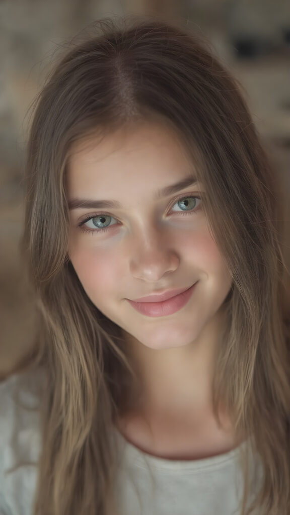 the most beautiful girl with delicate facial features, charming smile, and brightly colored eyes that sparkle like jewels. Her long, flowing hair cascades gracefully down her back, framing her face in a softly framed portrait. She's dressed in a stylish, contemporary outfit that showcases her full body elegantly. The scene is simple yet enchanting, with a focus on achieving a high level of detail and clarity. She is smiling beautifully for you.