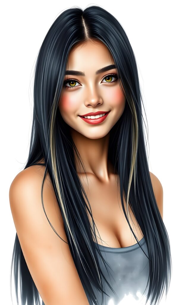 the most beautiful girl with delicate facial features, charming smile, and brightly colored eyes that sparkle like jewels. Her long, black straight hair with blond highlights cascades gracefully down her shoulders in the same length left and right, framing her face in a softly framed portrait. She’s dressed in a stylish, contemporary tank top that showcases her full body elegantly. She is smiling beautifully for you. All against a light grey backdrop in a photo studio.