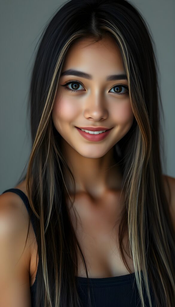 the most beautiful girl with delicate facial features, charming smile, and brightly colored eyes that sparkle like jewels. Her long, black straight hair with blond highlights cascades gracefully down her back, framing her face in a softly framed portrait. She’s dressed in a stylish, contemporary tank top that showcases her full body elegantly. She is smiling beautifully for you. All against a light grey backdrop in a photo studio.