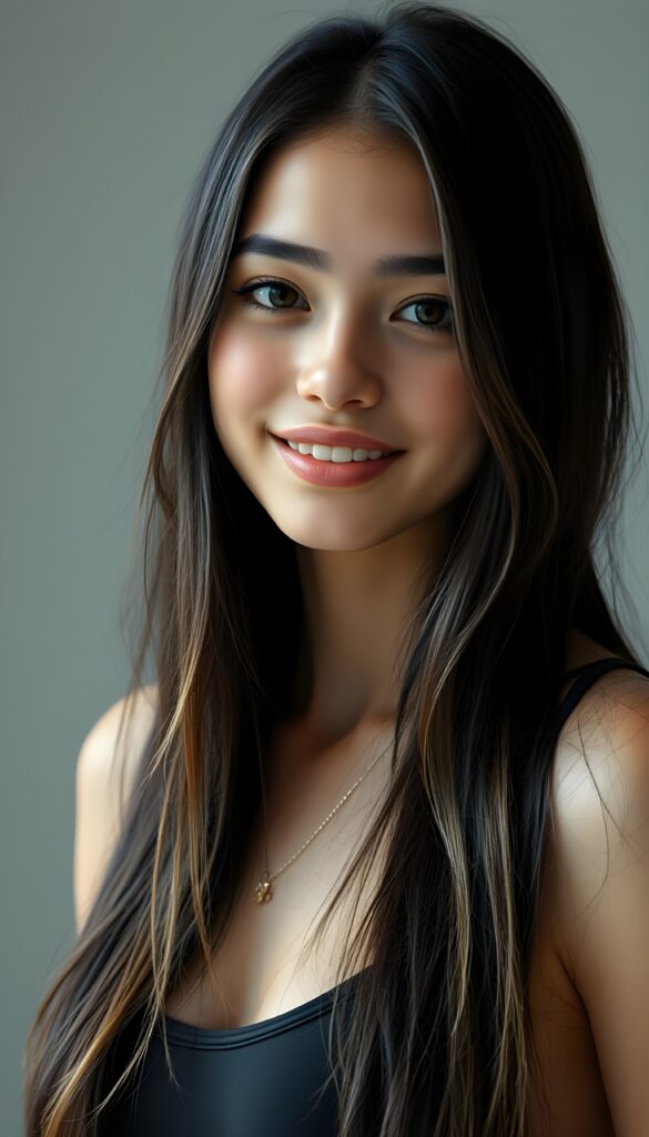 the most beautiful girl with delicate facial features, charming smile, and brightly colored eyes that sparkle like jewels. Her long, black straight hair with blond highlights cascades gracefully down her back, framing her face in a softly framed portrait. She’s dressed in a stylish, contemporary tank top that showcases her full body elegantly. She is smiling beautifully for you. All against a light grey backdrop in a photo studio.