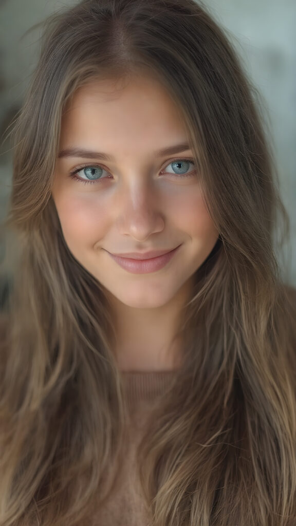 the most beautiful girl with delicate facial features, charming smile, and brightly colored eyes that sparkle like jewels. Her long, flowing hair cascades gracefully down her back, framing her face in a softly framed portrait. She's dressed in a stylish, contemporary outfit that showcases her full body elegantly. The scene is simple yet enchanting, with a focus on achieving a high level of detail and clarity. She is smiling beautifully for you.