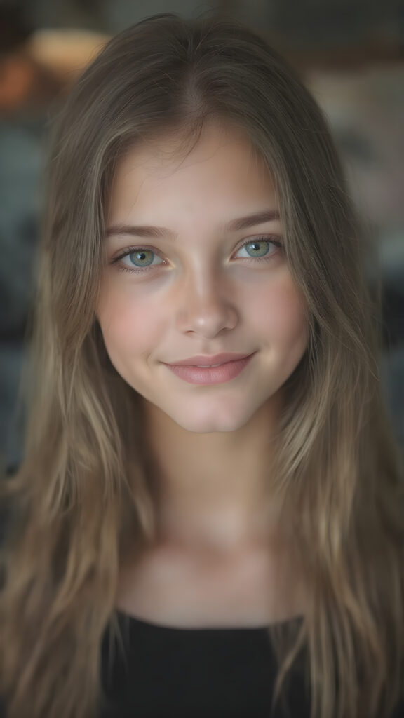 the most beautiful girl with delicate facial features, charming smile, and brightly colored eyes that sparkle like jewels. Her long, flowing hair cascades gracefully down her back, framing her face in a softly framed portrait. She's dressed in a stylish, contemporary outfit that showcases her full body elegantly. The scene is simple yet enchanting, with a focus on achieving a high level of detail and clarity. She is smiling beautifully for you.