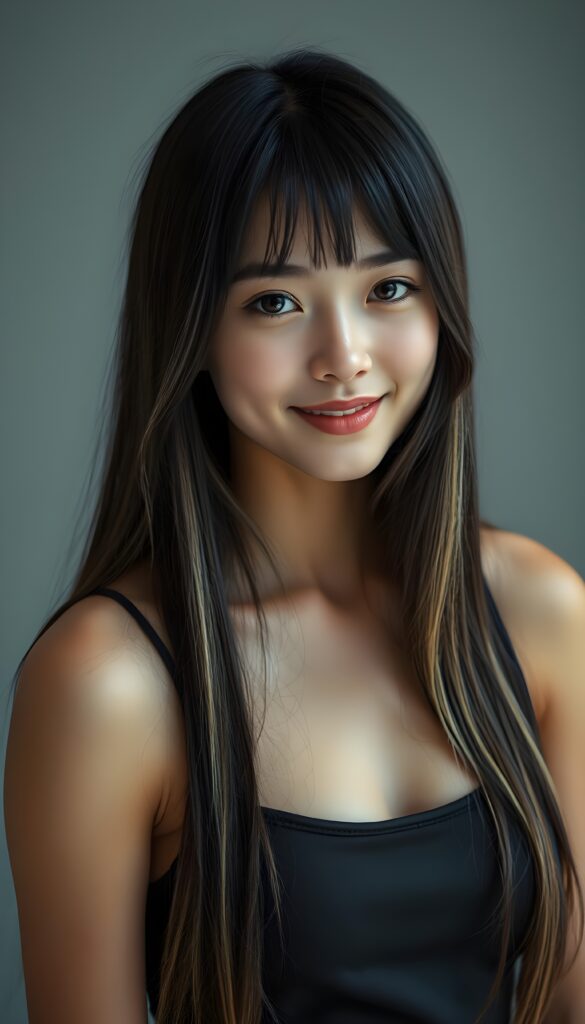 the most beautiful girl with delicate facial features, charming smile, and brightly colored eyes that sparkle like jewels. Her long, black straight hair with blond highlights cascades gracefully down her back, framing her face in a softly framed portrait. She’s dressed in a stylish, contemporary tank top that showcases her full body elegantly. She is smiling beautifully for you. All against a light grey backdrop in a photo studio.