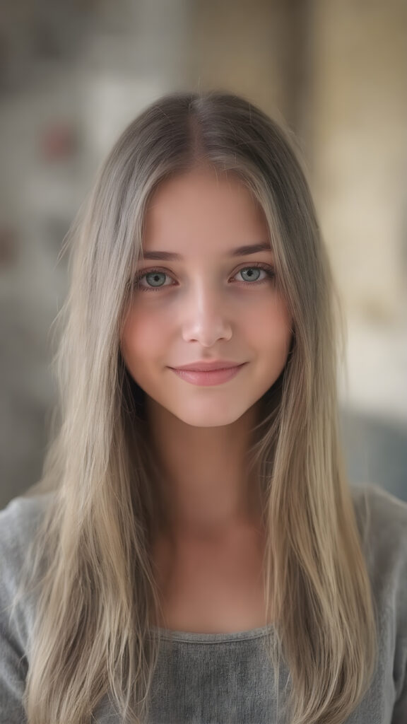 the most beautiful girl with delicate facial features, charming smile, and brightly colored eyes that sparkle like jewels. Her long, flowing hair cascades gracefully down her back, framing her face in a softly framed portrait. She's dressed in a stylish, contemporary outfit that showcases her full body elegantly. The scene is simple yet enchanting, with a focus on achieving a high level of detail and clarity. She is smiling beautifully for you.