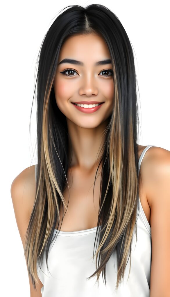 the most beautiful girl with delicate facial features, charming smile, and brightly colored eyes that sparkle like jewels. Her long, black straight hair with blond highlights cascades gracefully down her shoulders in the same length left and right, framing her face in a softly framed portrait. She’s dressed in a stylish, contemporary tank top that showcases her full body elegantly. She is smiling beautifully for you. All against a light grey backdrop in a photo studio.