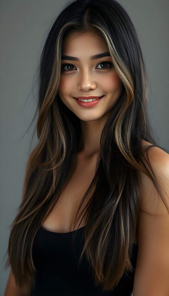 the most beautiful girl with delicate facial features, charming smile, and brightly colored eyes that sparkle like jewels. Her long, black straight hair with blond highlights cascades gracefully down her back, framing her face in a softly framed portrait. She’s dressed in a stylish, contemporary tank top that showcases her full body elegantly. She is smiling beautifully for you. All against a light grey backdrop in a photo studio.