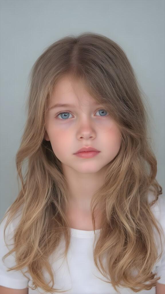 this young girl has beautiful long soft hazelnut wavy hair, it falls over her shoulders and has a silky sheen, light amber eyes, she wears a white cropped t-shirt, round face, full lips, beautiful eyes, all against a plain grey backdrop