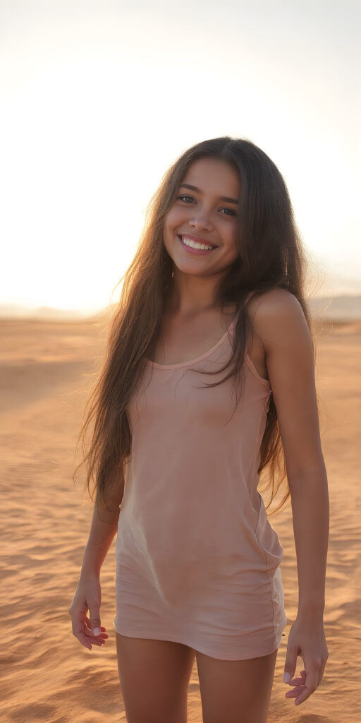 this young girl radiates pure happiness, she has long soft black shiny straight silky hair, standing in a sandy dessert and wearing a thin short cropped summer dress that perfectly emphasizes her perfect curved body. Warm rays of sunshine kiss her body, stunning, gorgeous, detailed, beautiful colored sunset in the backdrop