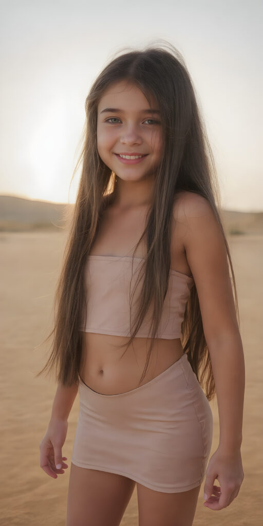 this young girl radiates pure happiness, she has long soft black shiny straight silky hair, standing in a sandy dessert and wearing a thin short cropped summer dress that perfectly emphasizes her perfect curved body. Warm rays of sunshine kiss her body, stunning, gorgeous, detailed, beautiful colored sunset in the backdrop