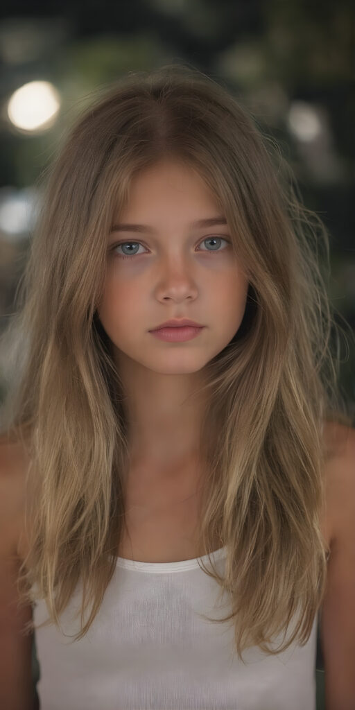 this young girl has beautiful long soft wavy hair, it falls over her shoulders and has a silky sheen, she wears a white cropped fitted tank top, round face, full lips, beautiful eyes, night with moonlight