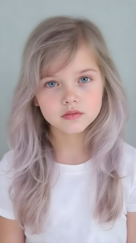 this young girl has beautiful long soft purple wavy hair, it falls over her shoulders and has a silky sheen, light green eyes, she wears a white cropped t-shirt, round face, full lips, beautiful eyes, all against a plain grey backdrop