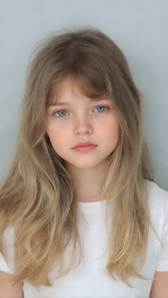 this young girl has beautiful long soft wavy hair, it falls over her shoulders and has a silky sheen, she wears a white cropped t-shirt, round face, full lips, beautiful eyes, all against a plain grey backdrop